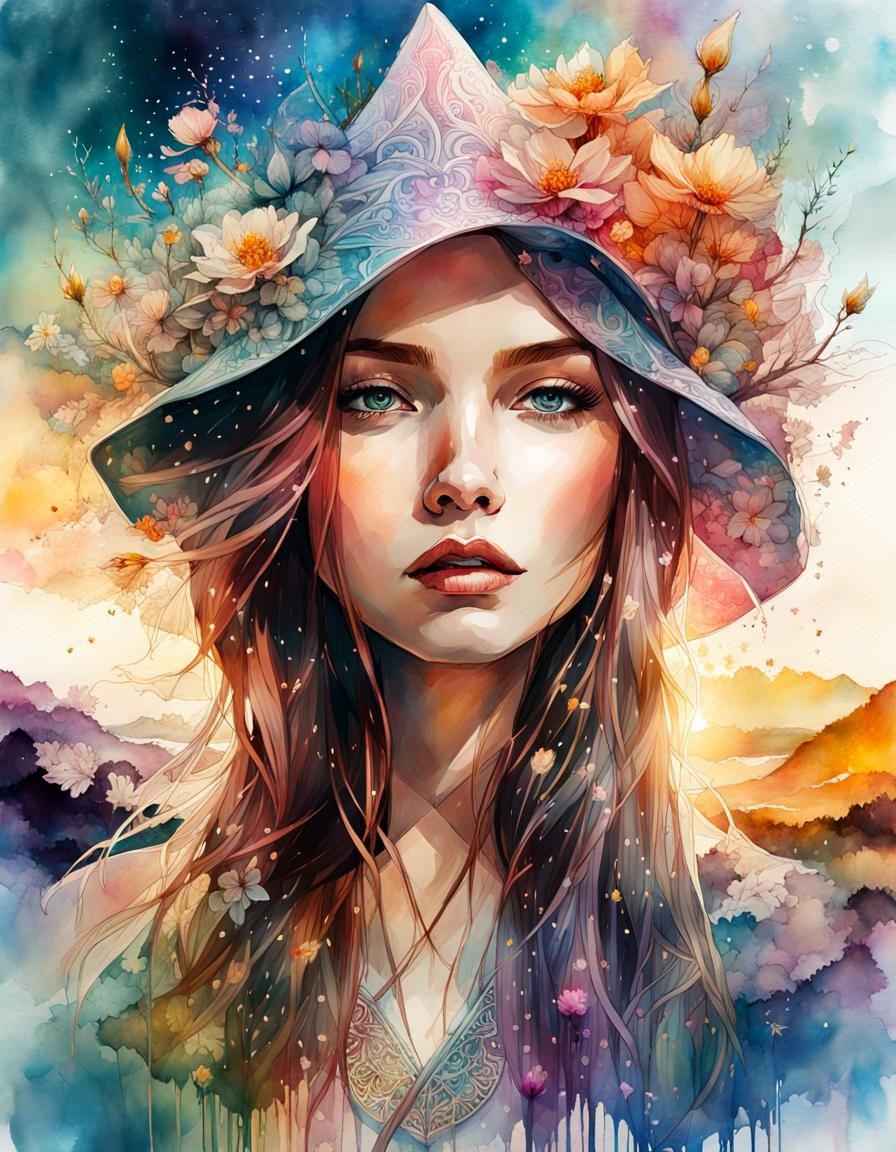 Fantasy Girl Portrait in Digital Watercolor Style