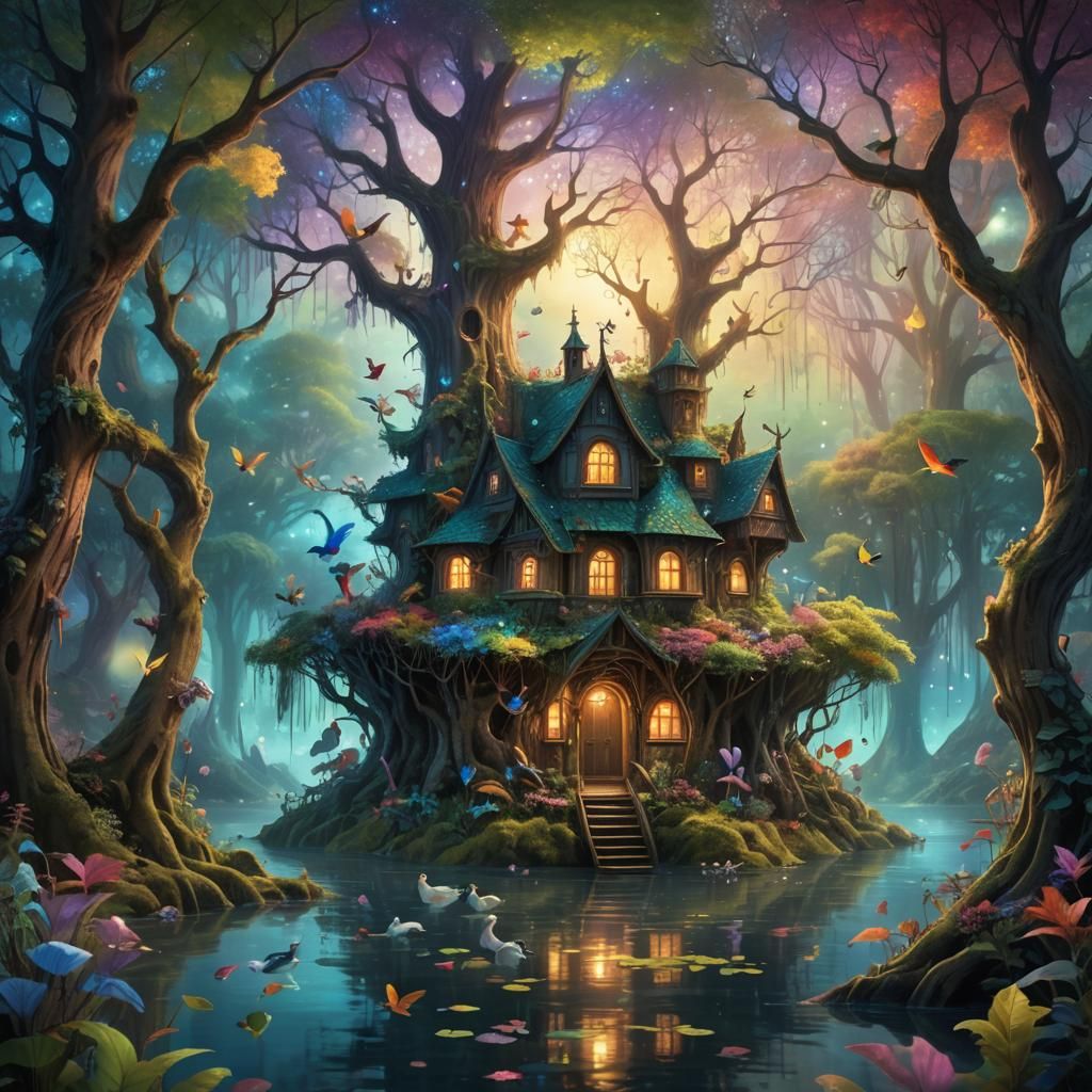 Mystical Forest Reflected in Lake: Fantasy Folk Art