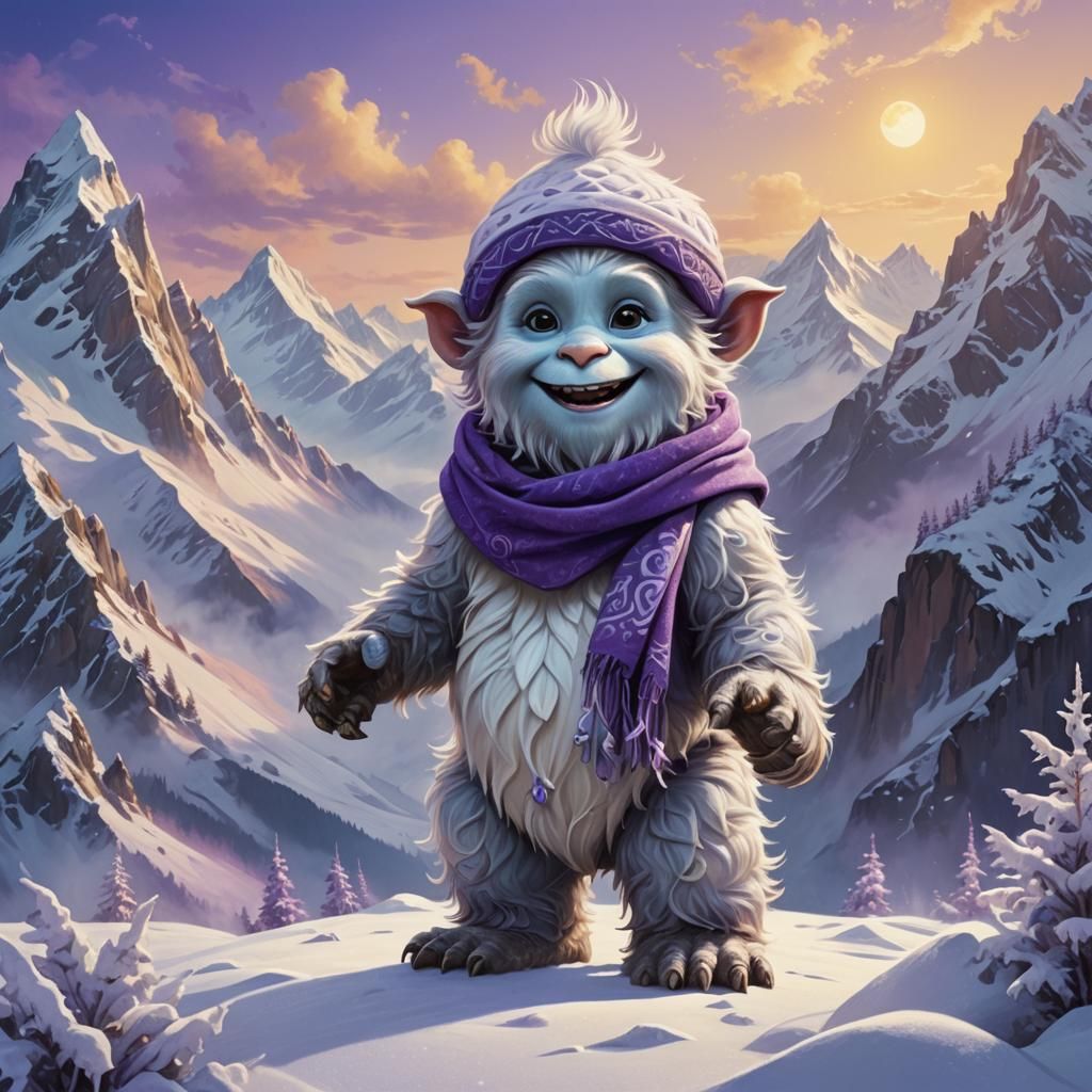 Smiling Baby Yeti in Snowy Mountains, Matte Painting