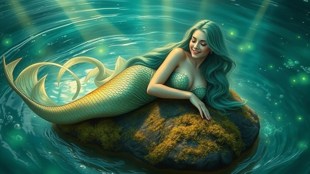 Ethereal Syren Resting on Mossy Rock in Golden Hour Light