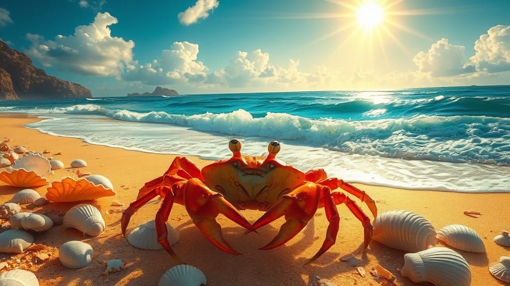 Red Crab on Golden Beach in Matte Painting Style