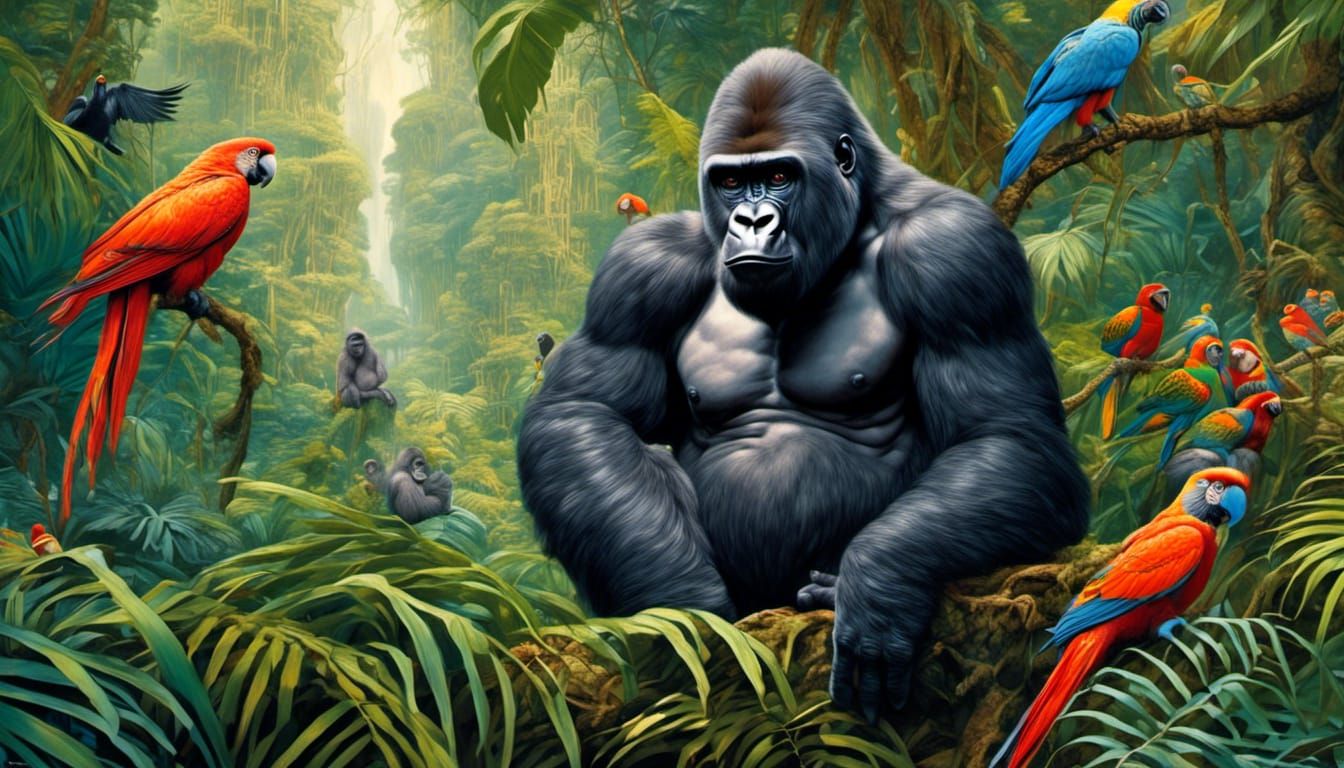 Realistic Gorillas and Macaws in Jungle Setting