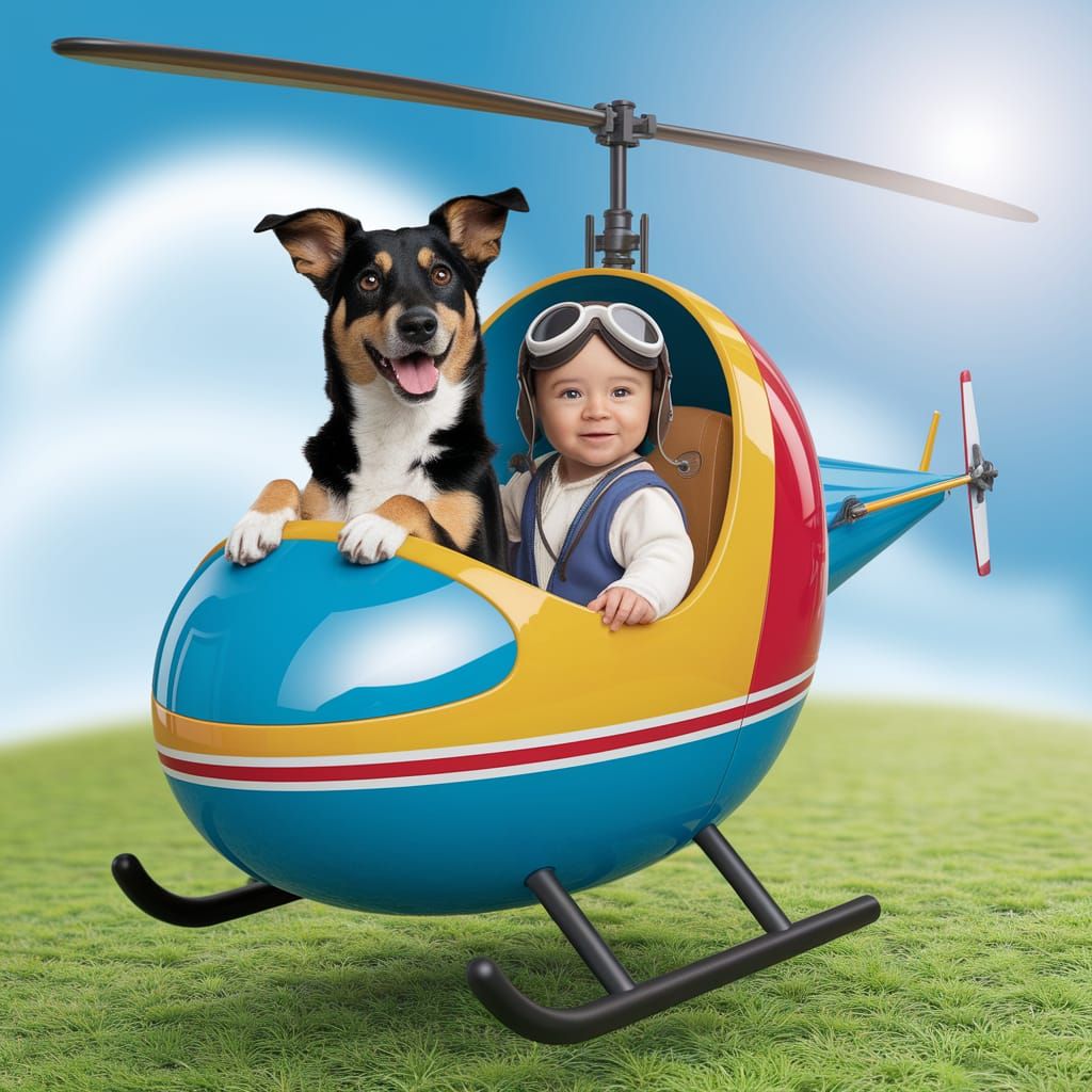 Whimsical Helicopter Adventure with a Curious Dog and Baby P...