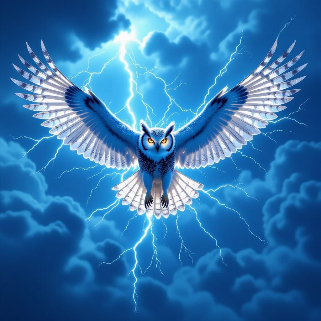 Iridescent Storm Owl Soaring Through Thunderclouds