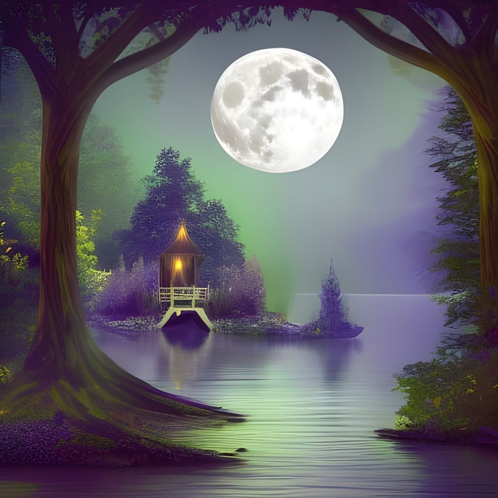 Magical fantasy scene, shimmering river seen between two tree trunks, Island in the river, Foliage covered gazebo on the...