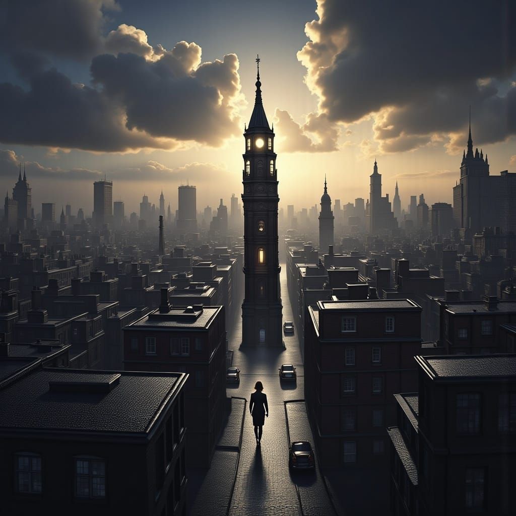 Sinister Bell Tower in Film Noir Style