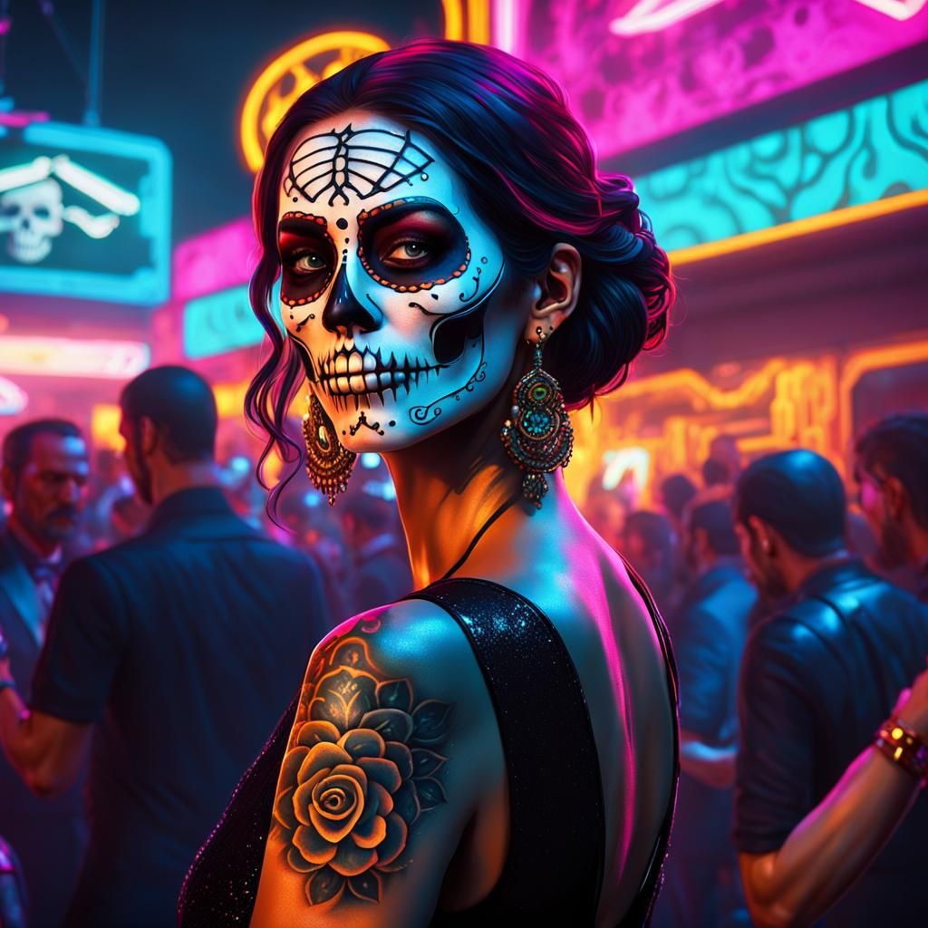 Cyberpunk Dia de los Muertos Celebration in Neon