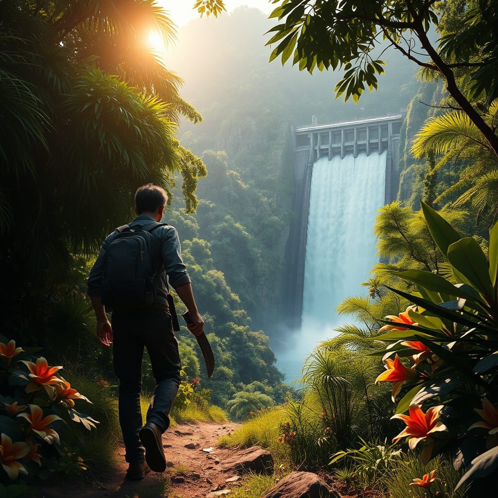 Adventurer Approaches Jungle Dam in Stunning 8K Resolution