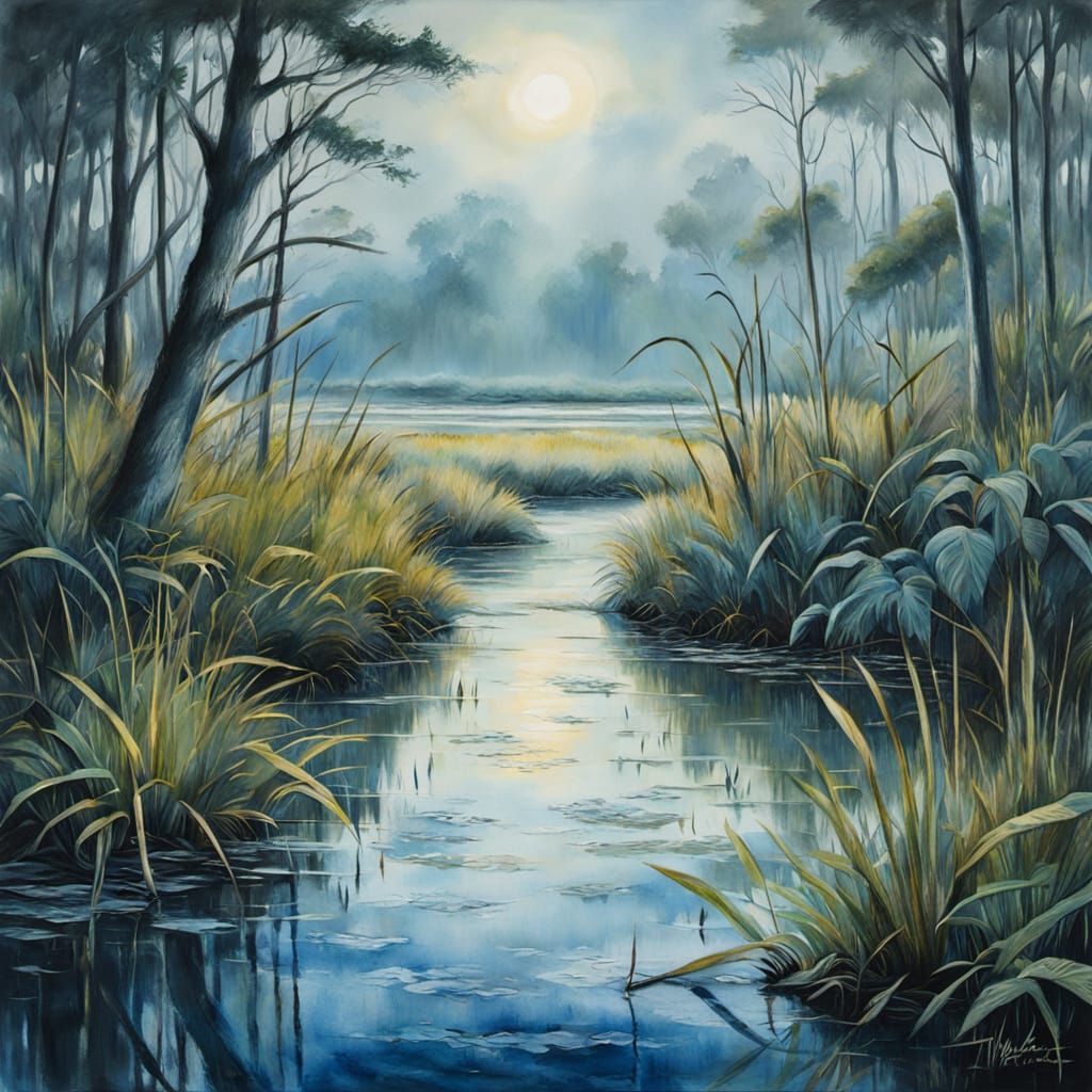 Bluethroat in Atlantic Marsh, Impressionist Charcoal Drawing