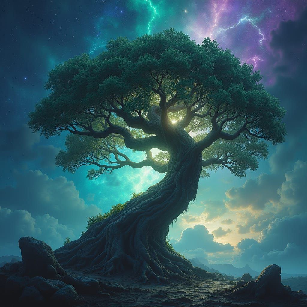 Celestial Tree of Light in a Vibrant Nebula