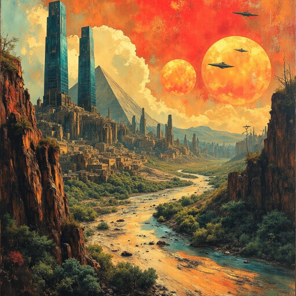 Afrofuturistic Cityscape with Egyptian Pyramids and Cyberpun...