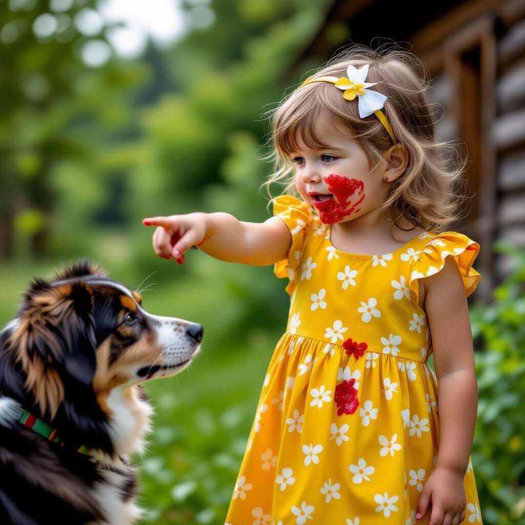 Girl Covered in Jam Points at Dog, Photorealistic Style