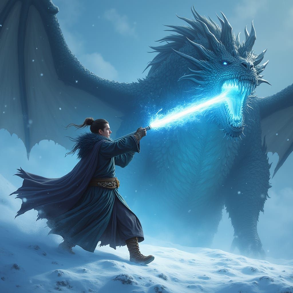 Wizard Battles Dragon with Magic in Snowy Landscape