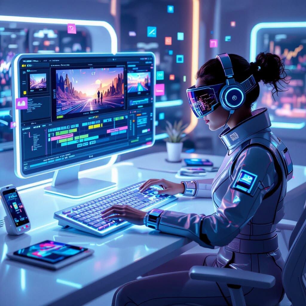 Futuristic 3D Workspace with Holographic Desk