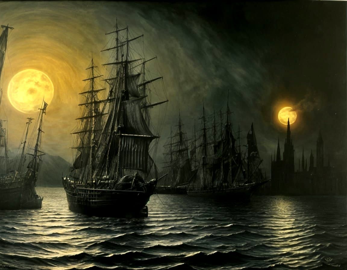 Ghost Pirate Galleon in Dark Surrealist Style