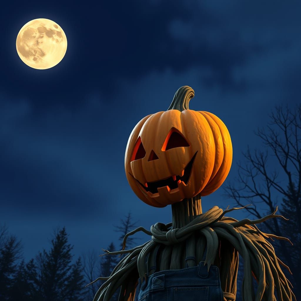 Pumpkin Scarecrow Smiling Under Moonlight
