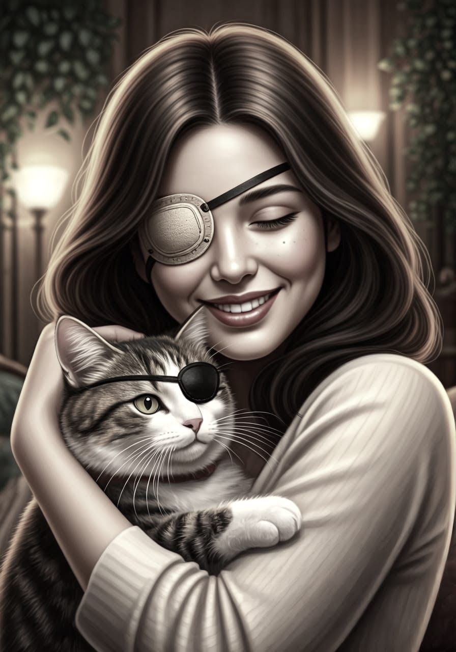 Woman and Cat with Eyepatches in Cozy Room