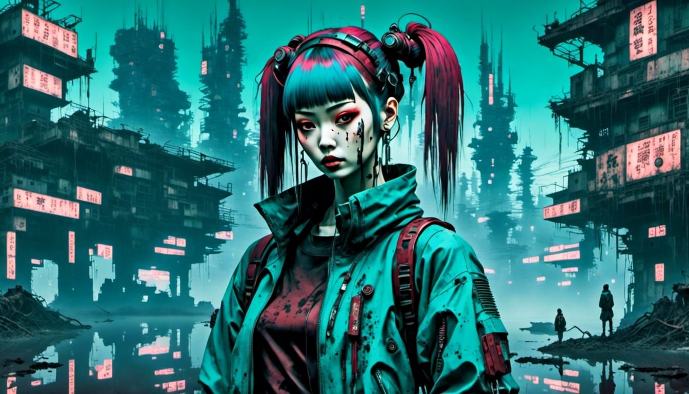 Cyberpunk Girl with Neon Skyline, Biomechanical Style