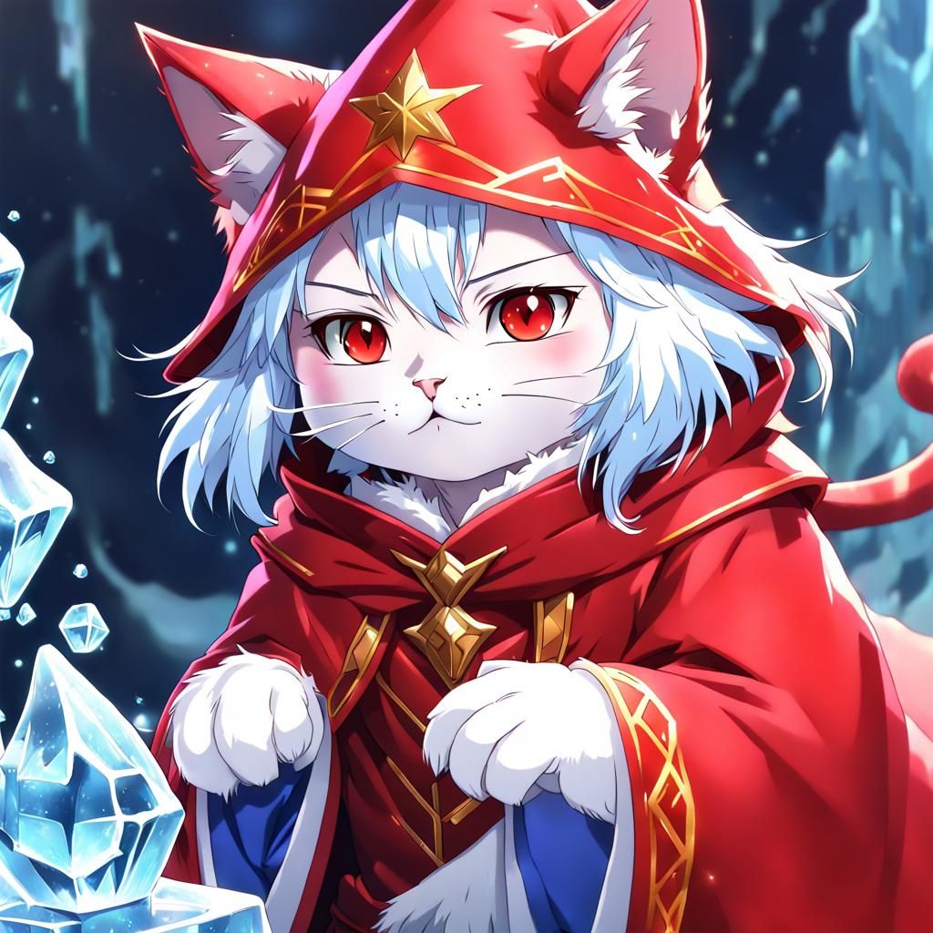 Red Anime Ice Wizard Cat Character