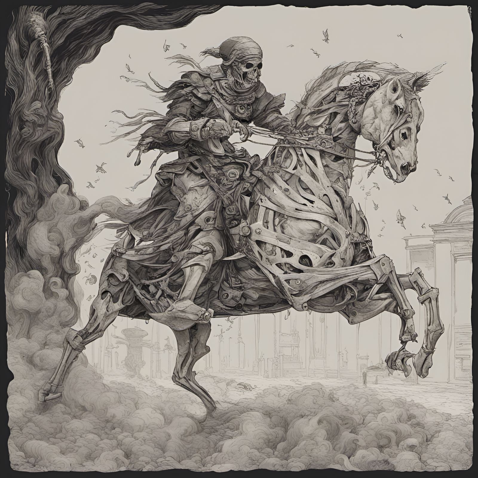 Surreal Bullheaded Ghost in Desolate Landscape