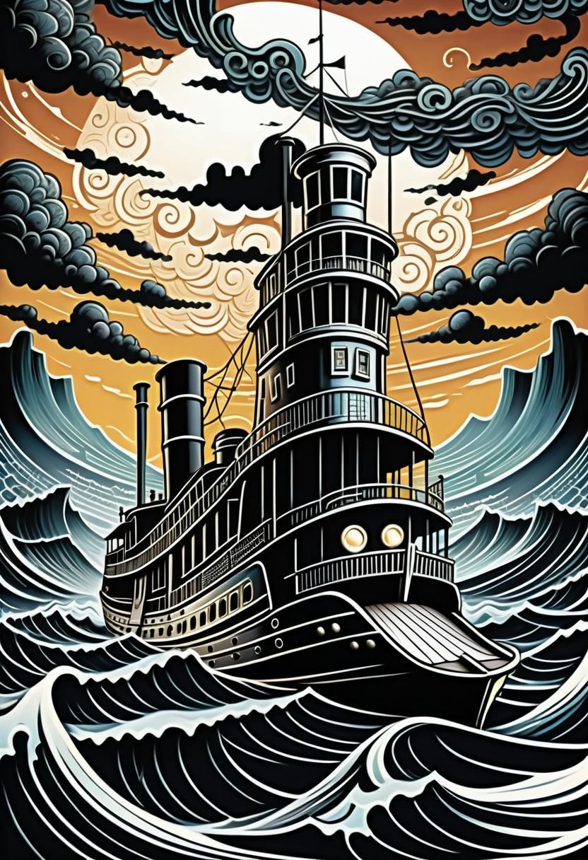 Old Fashioned Paddle-Steamer Illustration in Comic Style