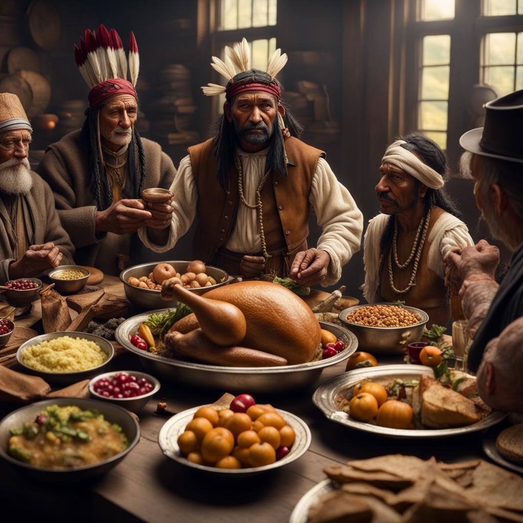 Pilgrims and Indians Sharing Thanksgiving Feast