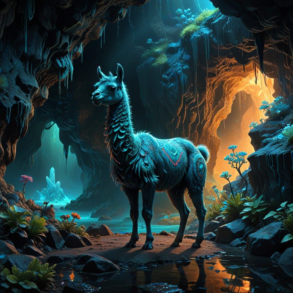 Bioluminescent Llama Exploring Crystal Cave as Digital Art