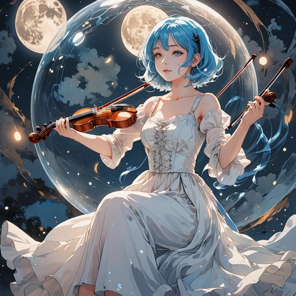 Anime Woman in Bubble Plays Violin Under Moon