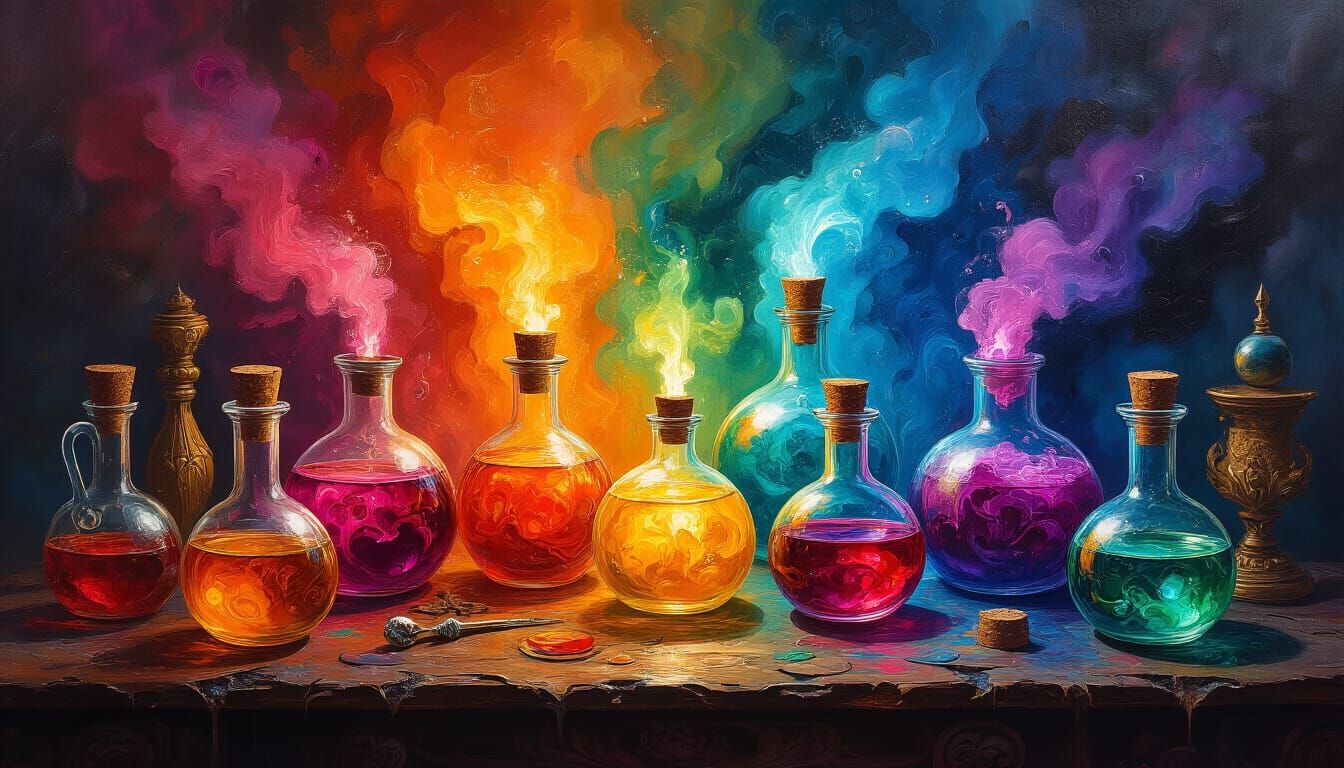 Magical Potions with Psychedelic Ink, Impasto Oil Painting S...