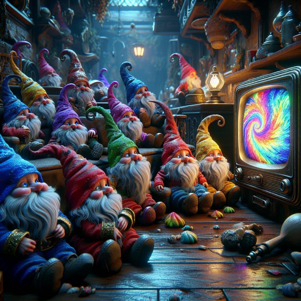 Gnomes Watching TV in Cozy Home
