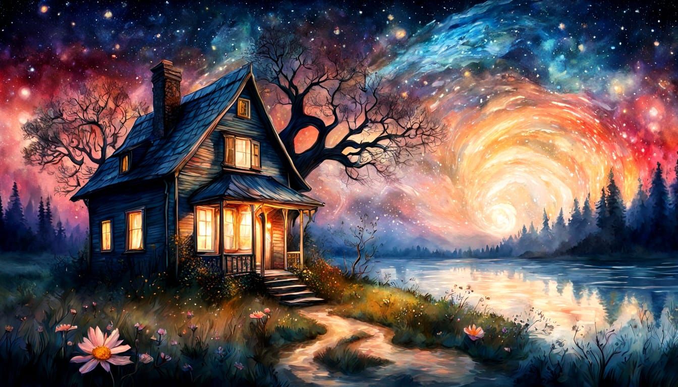 Whimsical Victorian Cottage in Surreal Watercolor Landscape