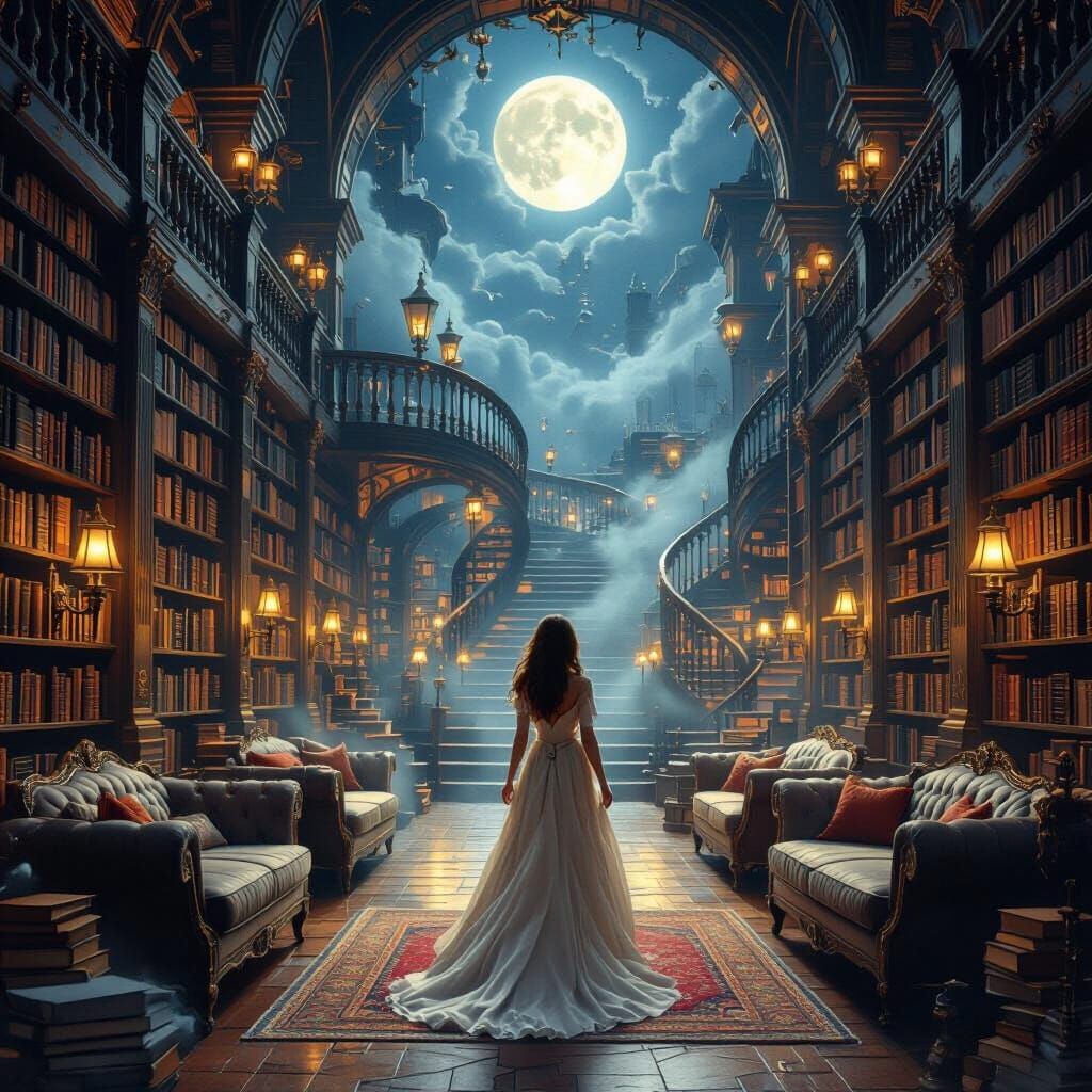 Mystical Library Scene in Kinkade Style