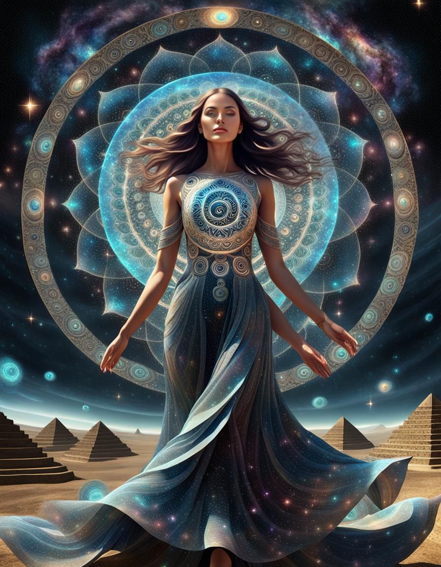 Surreal Woman on Nebula in Universe of Mandalas