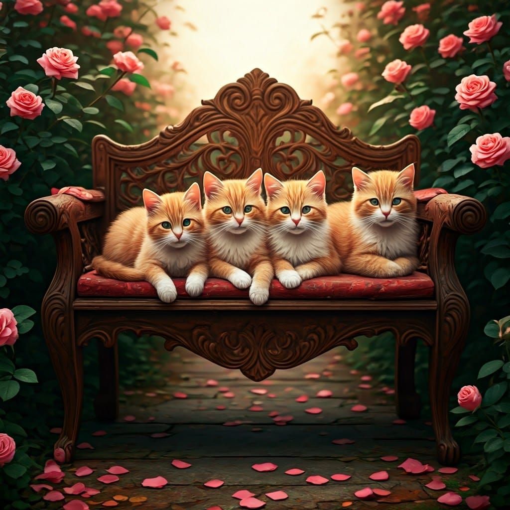 Ginger Cats Bask in Serene Rose Garden Wonderland