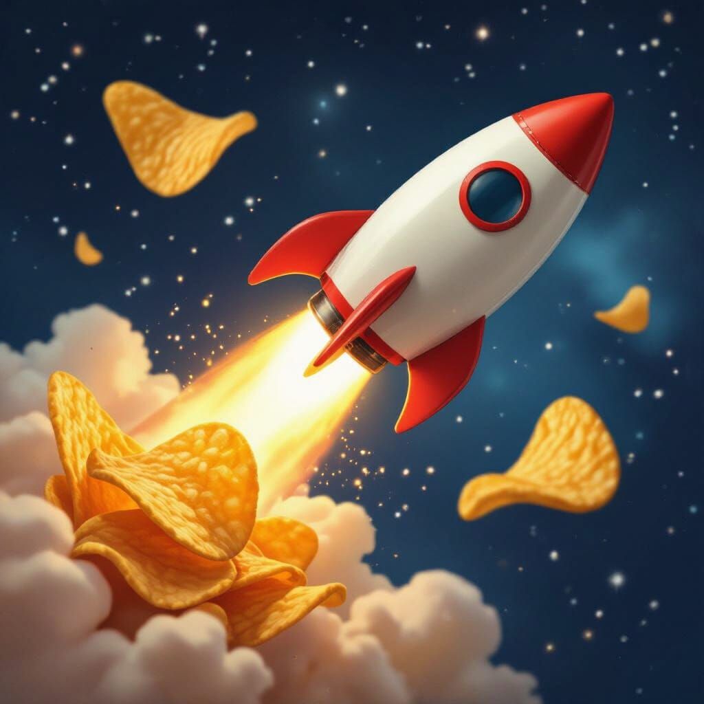 Rocket-shaped potato chips - flying in space