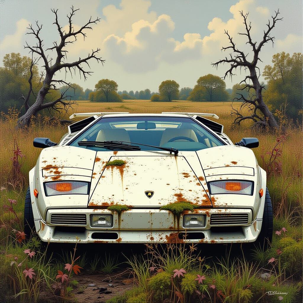 Oil Painting of Decaying Lamborghini Countach in Overgrown F...