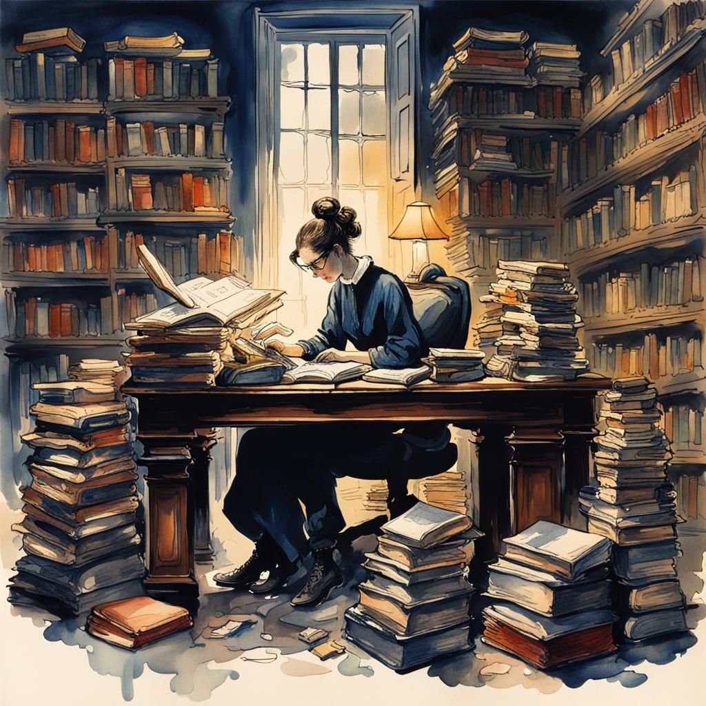 Modern Librarian at Computer, Ink and Wash Style