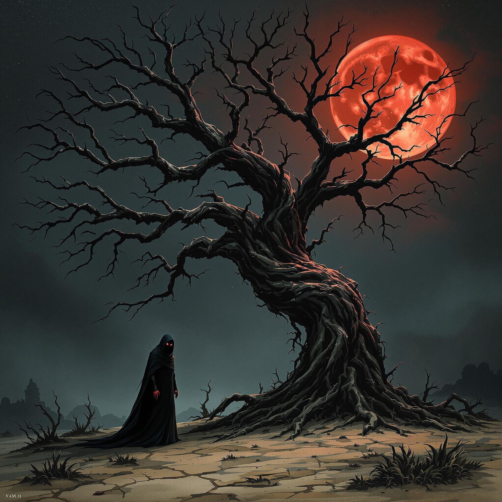 Twisted Tree in Bleak Landscape with Blood-Red Moon