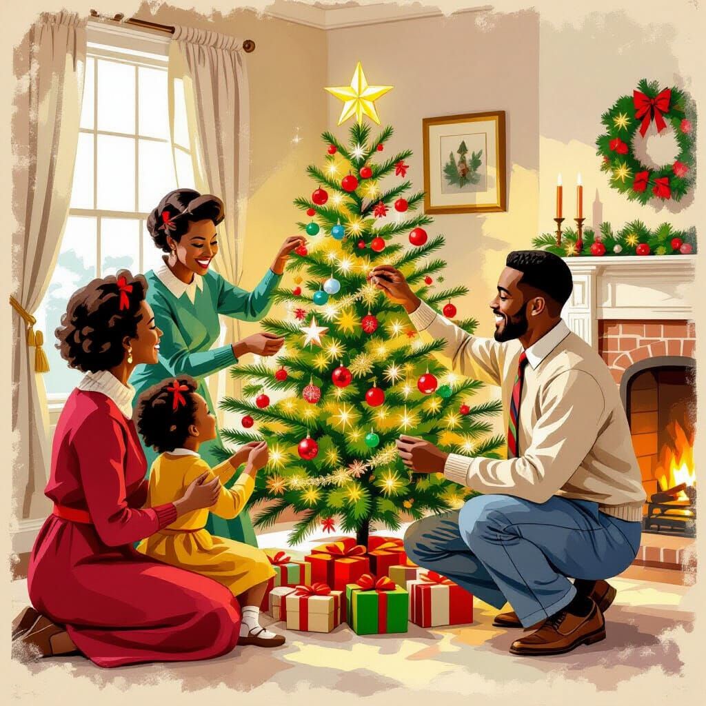 Vintage Christmas Scene: Black Family Decorating Tree