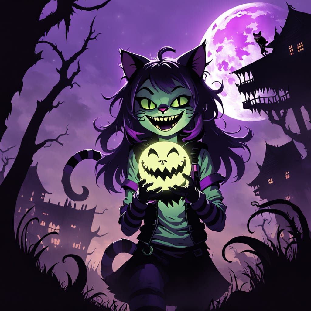 Whimsical Cheshire Cat Girl in a Post-Apocalyptic Landscape