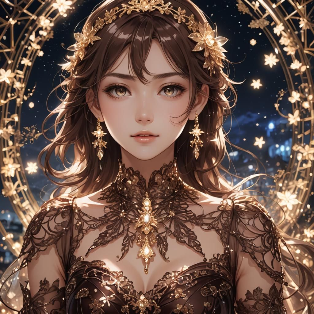 Anime Portrait: Woman in Chocolate Dress and Jewels