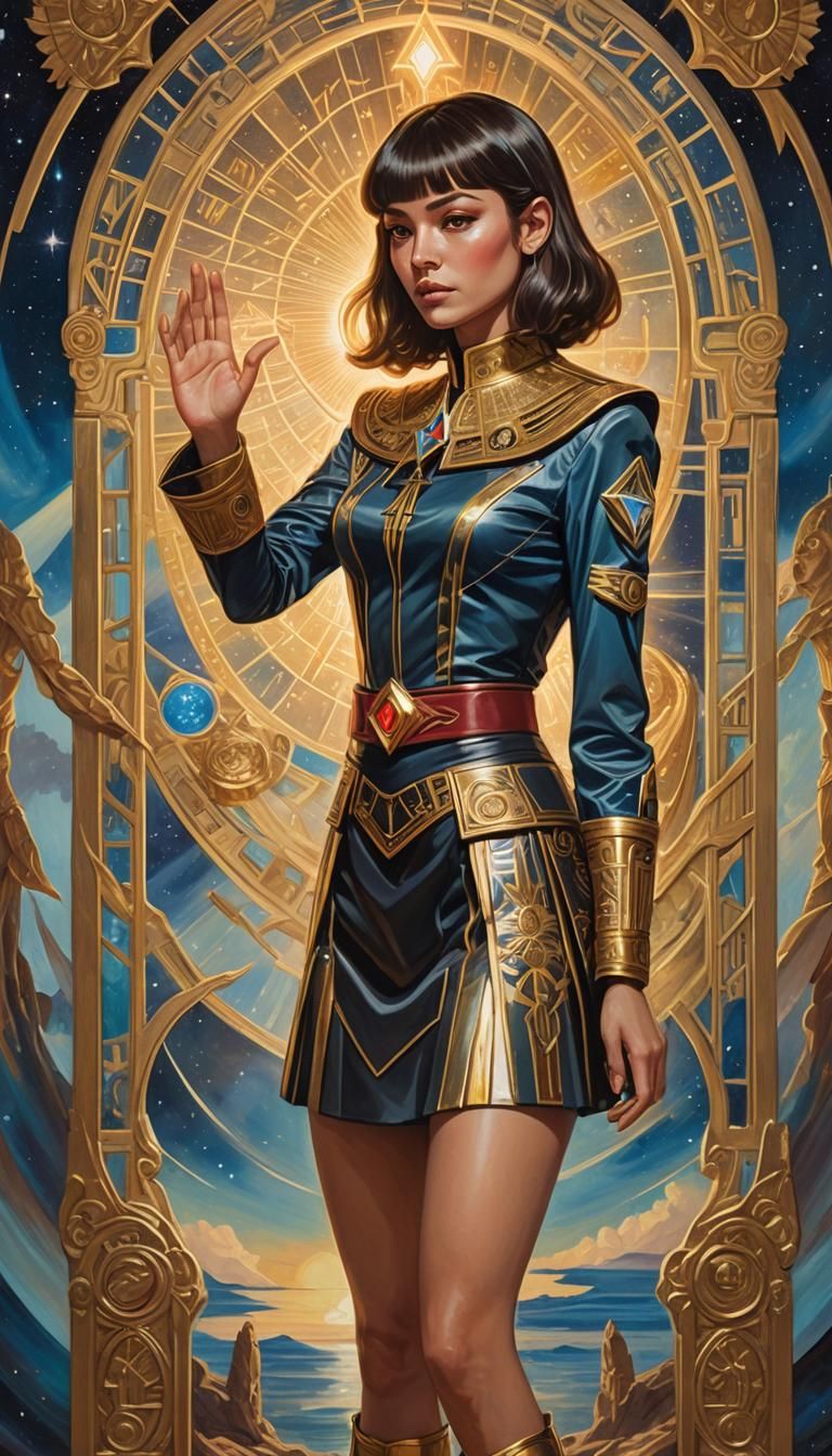Tarot Card Woman in Starfleet Uniform, Surreal Oil Painting