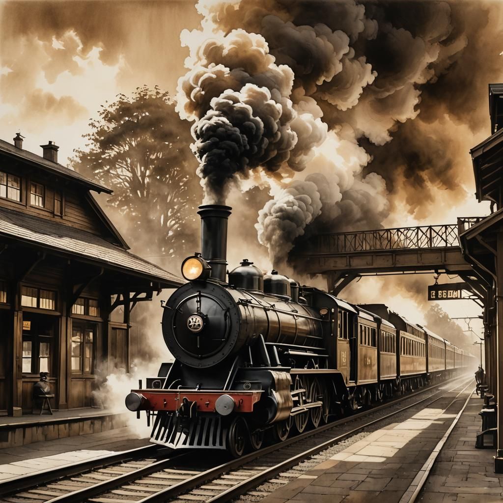 Sepia Ink Painting of Old Steam Train