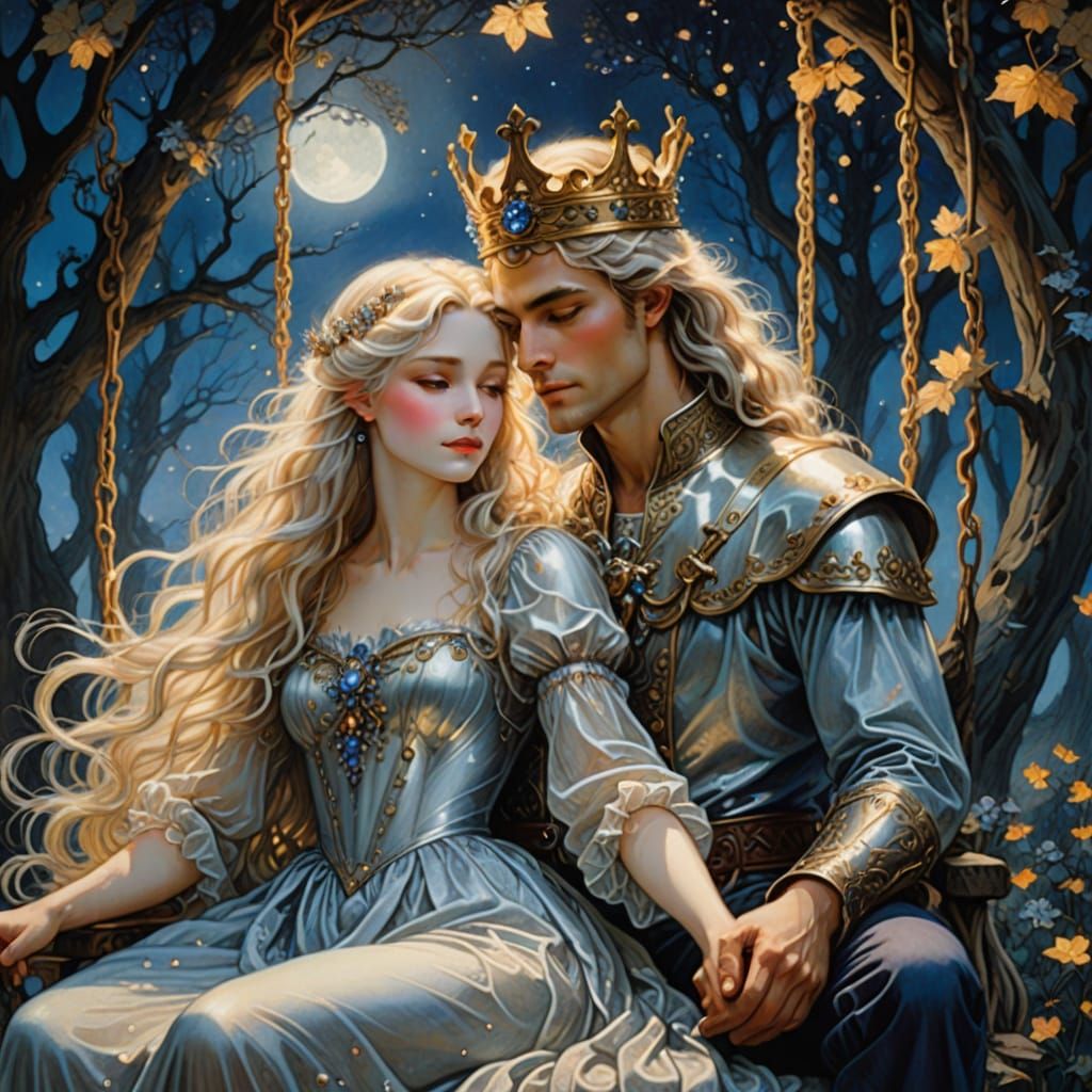 Romantic Fantasy King Embraces Blonde in Moonlit Realm