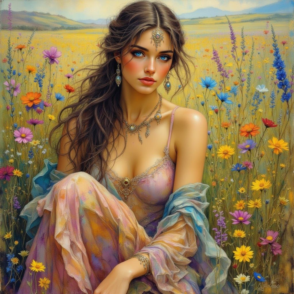 Goddess Emerges from Wildflowers in Art Nouveau Style