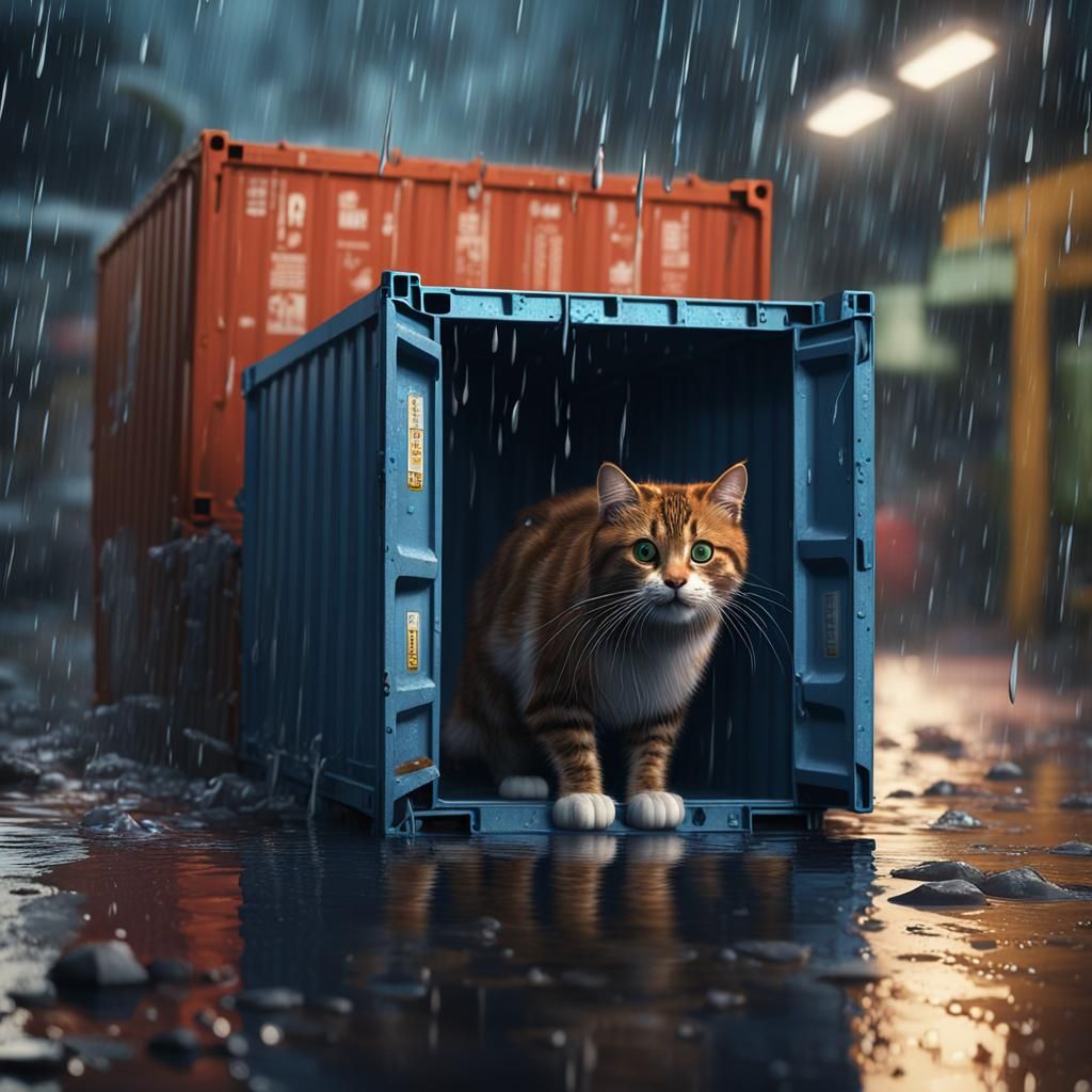 Cat Hiding from Rain in Container