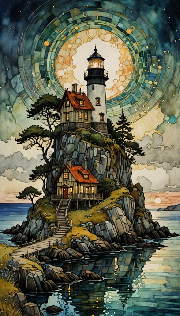 Lighthouse at Night in Klimt-Inspired Watercolor
