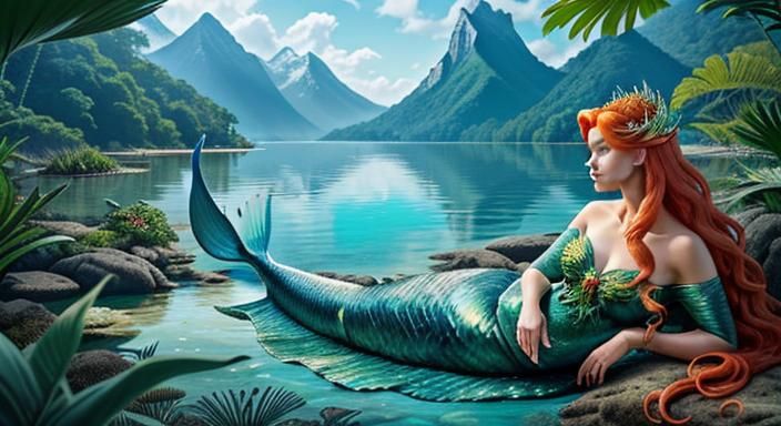 Mermaid Goddess in Saltwater Lake: Digital Art Portrait