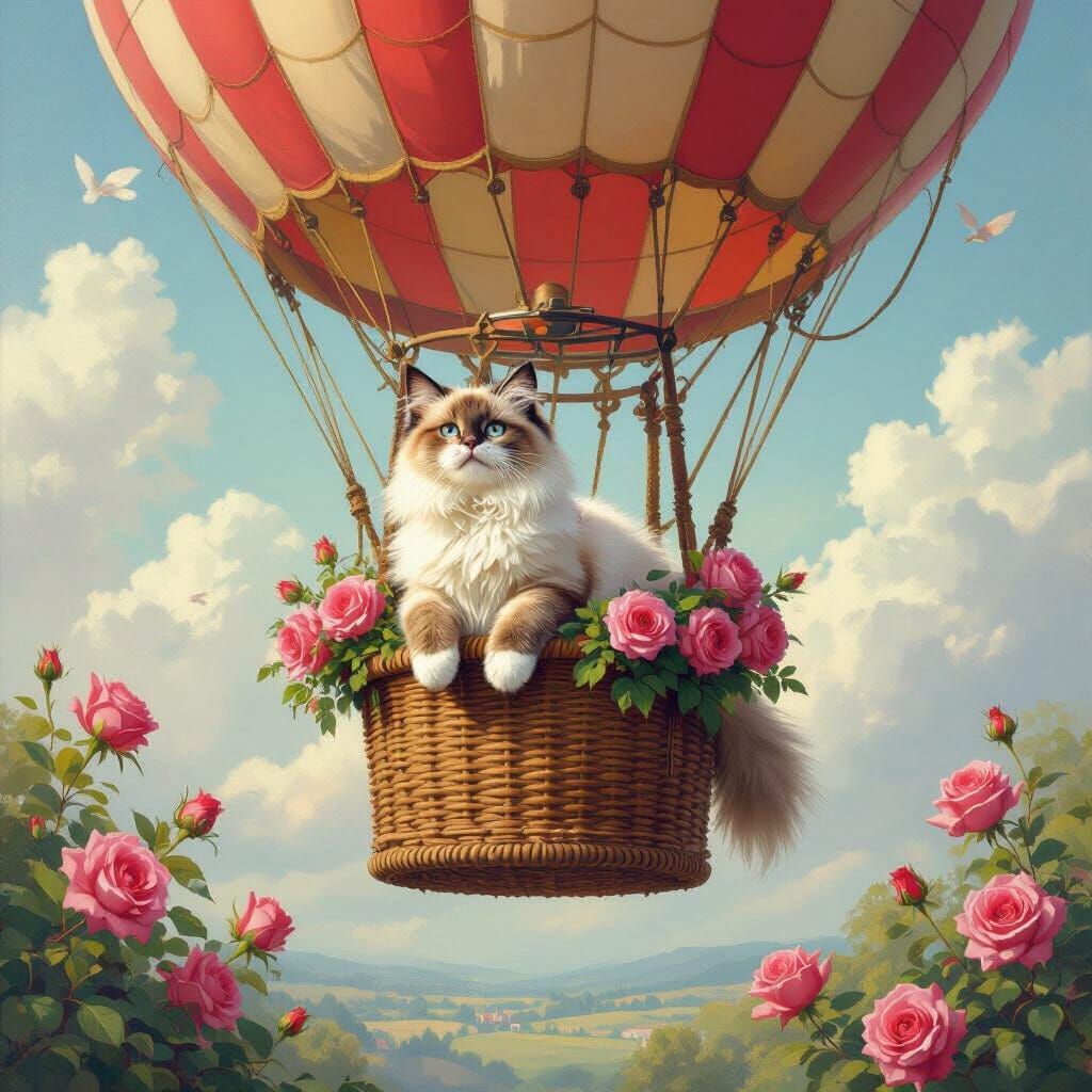 Ragdoll Cat Soars in Hot Air Balloon Amidst Roses