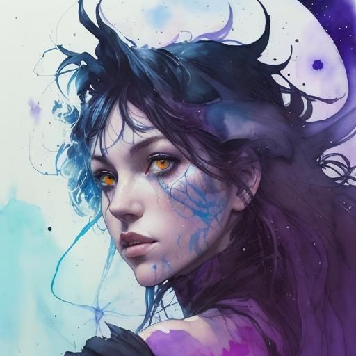 Impressive Witch Against Night Stars, Watercolor Style